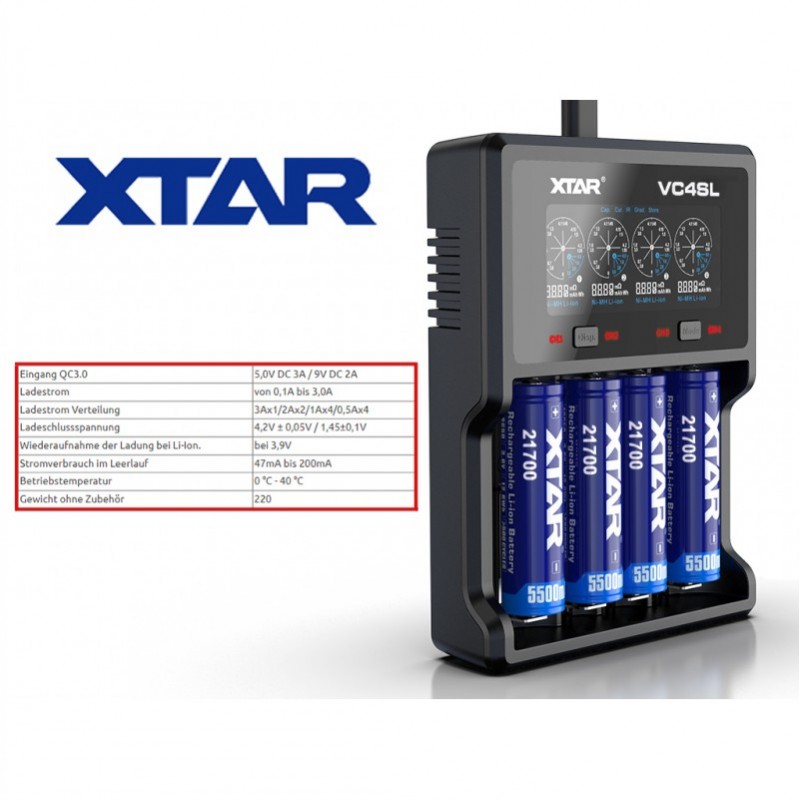Xtar VC4SL QC3.0 - Li-Ion 3,6V - 3,7V und NIMH 1,2V Akku Ladegerät