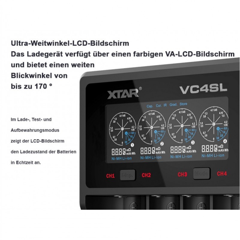 Xtar VC4SL QC3.0 - Li-Ion 3,6V - 3,7V und NIMH 1,2V Akku Ladegerät