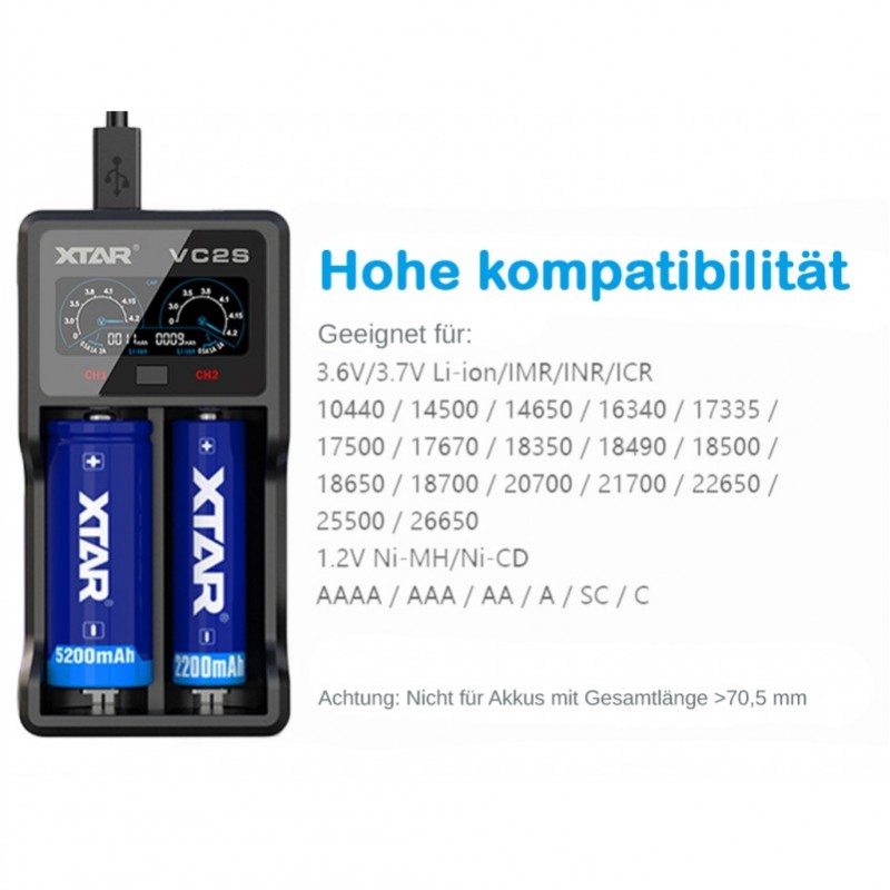Xtar VC2S - Li-Ion und NIMH Akkus Ladegerät